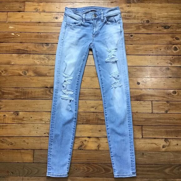 Aeo ripped jeggings jeans light blue distressed soft stretchy jeans size 0 cool - Picture 2 of 12